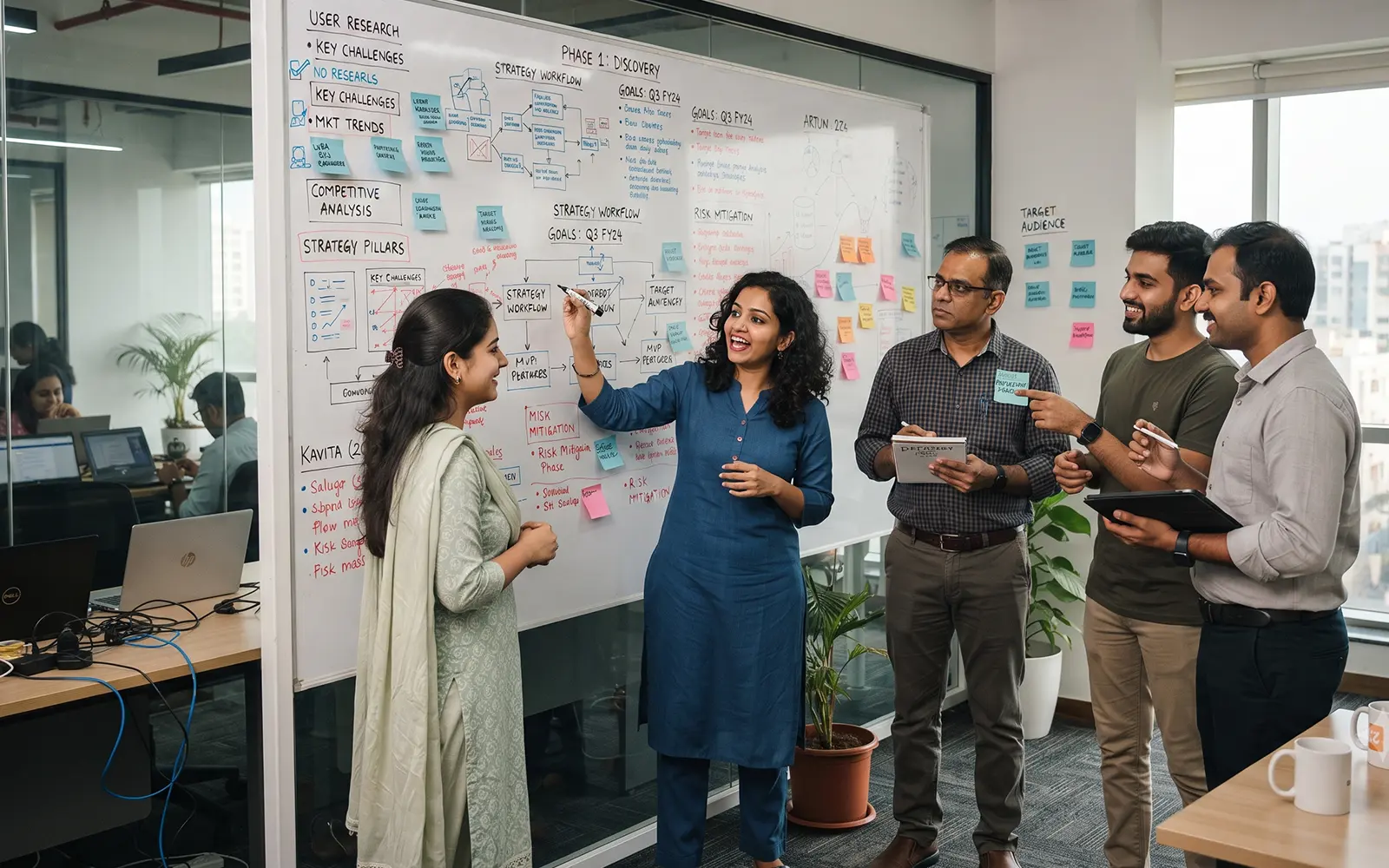 Team discussing project discovery and strategy on a whiteboard