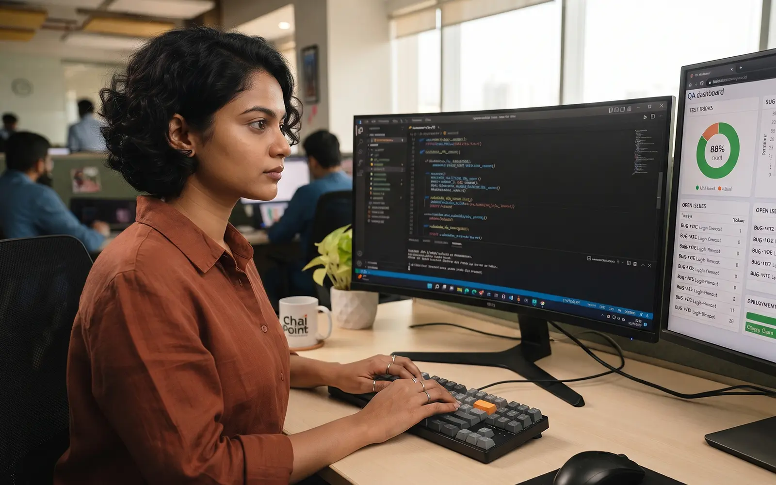 Developer writing code with a QA dashboard on a second monitor