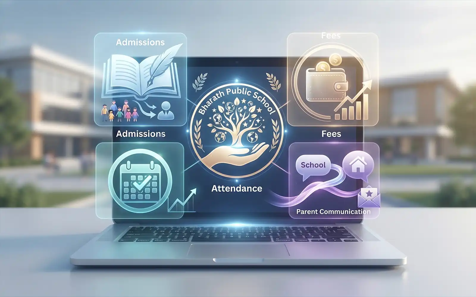 Bharath Public School management dashboard showing admissions, fees and attendance